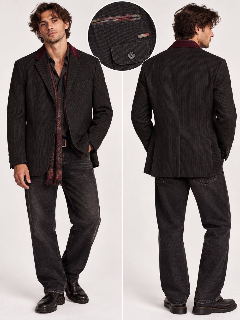 Kroon Bono Charcoal Denim Dark Academia Sport Coat Burgundy Corduroy Collar 46R